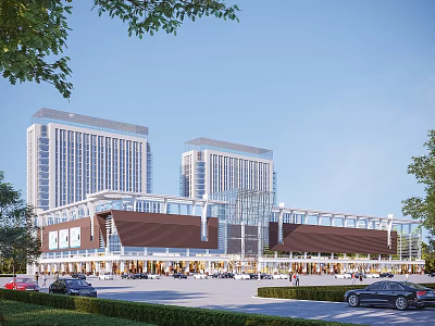 Modern Commercial Complex With High Rise Buildings Retail Area And Landscaped Surroundings 3d model
