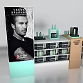 Display Shelves With Skincare Products Green Bottles And Male Figure Advertising Board