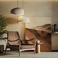 Wooden Leisure Chair In Cozy Living Room With Green Plant Pendant Lights And Decorative Painting
