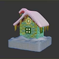 Small Red Brick House Model With Snow Covered Roof Icicles Clock And White Base