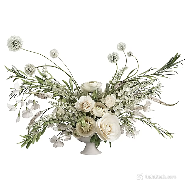 Elegant Floral Decorative Ornament Arrangement With White Vase And Green Leaves 3d model 