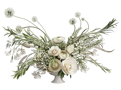 Elegant Floral Decorative Ornament Arrangement With White Vase And Green Leaves 3d model