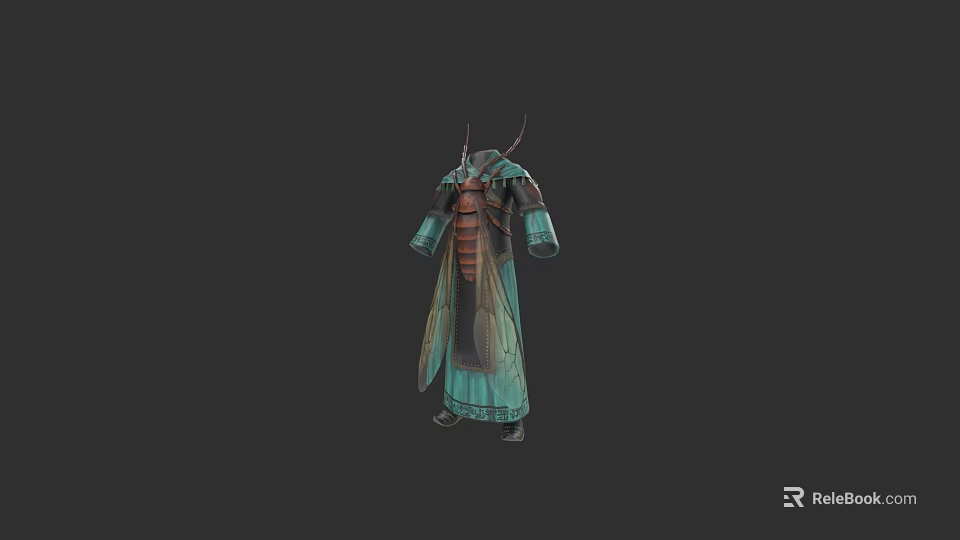 Insect Inspired Green Blue Long Coat With Wing Design And Antenna Details Fantasy Costume 3d model 