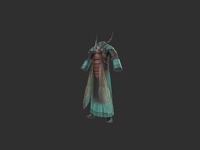 Insect Inspired Green Blue Long Coat With Wing Design And Antenna Details Fantasy Costume 3d model