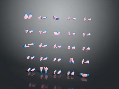 Man's Hands Displaying Various Pink and Blue Gestures Arranged in Rows on Dark Background 3d model