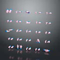 Man's Hands Displaying Various Pink and Blue Gestures Arranged in Rows on Dark Background