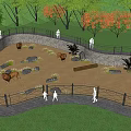 Park Landscape Featuring Fenced Bear Enclosure With Sandy Area Trees And Visitors Walking Nearby