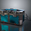 Sleek Modern Metallic Storage Box With Blue Panels Control Panel And Cable