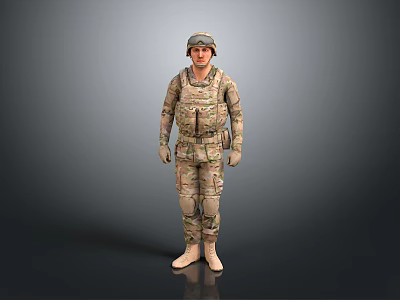 Game Movie Military Character Wearing Camouflage Uniform Helmet And Tactical Gear Standing In Action Pose 3d model