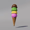 Colorful Ice Cream Cone with Multiple Layers of Different Flavors Topped with Chocolate Waffle Cone