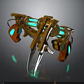 Futuristic Mechanical Claw Weapon with Golden Body Green Glowing Parts Red Details and Silver Spikes
