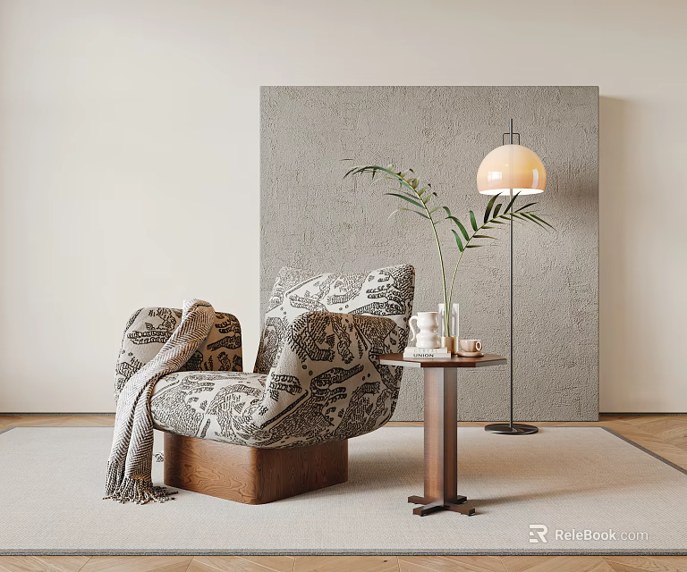 Patterned Single Sofa With Side Table Green Plant Floor Lamp And Gray Wall Carpet 3d model