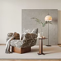 Patterned Single Sofa With Side Table Green Plant Floor Lamp And Gray Wall Carpet 3d model