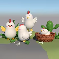 Cute Cartoon Chickens Family With One In Nest Surrounded By Green Plants And Cactus