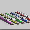 Colorful Model Trains with Different Colors Arranged on Tracks 3d model