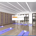 Modern Yoga Studio With Purple Mats Hanging Resistance Bands Yoga Balls And Wooden Floors