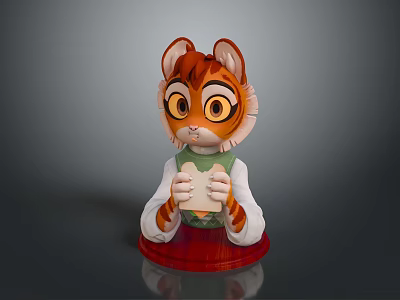 Cartoon Cat Doll With Orange White Fur Green Vest Holding Bread Slice On Red Base 3d model