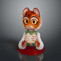 Cartoon Cat Doll With Orange White Fur Green Vest Holding Bread Slice On Red Base