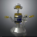 Robot Character With Yellow Arms Blue Stripes And Spring Head On Silver Base 3d model