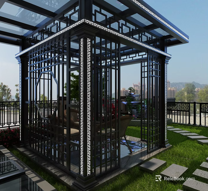Modern Garden Pavilion With Black Metal Frame Glass Roof And Intricate Patterns 3d model 