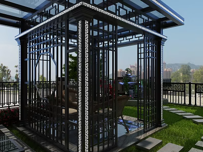Modern Garden Pavilion With Black Metal Frame Glass Roof And Intricate Patterns 3d model