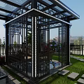 Modern Garden Pavilion With Black Metal Frame Glass Roof And Intricate Patterns