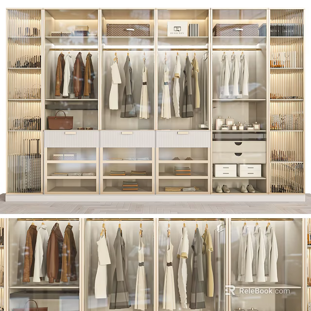 Modern Minimalist Wardrobe Interior With Hanging Clothes Drawers And Storage Shelves 3d model 
