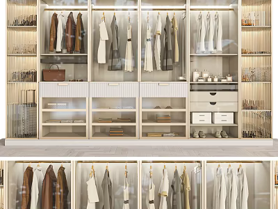 Modern Minimalist Wardrobe Interior With Hanging Clothes Drawers And Storage Shelves 3d model