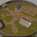 Ancient Circular Village Model With Wooden Fence Thatched Roof Huts And Central Open Area