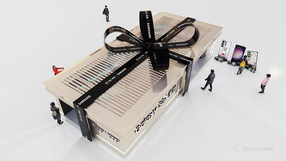 Mobile Digital Products Showcase In Modern Gift Box Shaped Booth With Black Ribbon Bow 3d model 