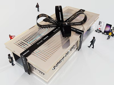 Mobile Digital Products Showcase In Modern Gift Box Shaped Booth With Black Ribbon Bow 3d model