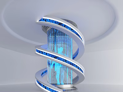 Futuristic Pillar Featuring Spiral Blue Illuminated Design Data Streams And Human Silhouette 3d model