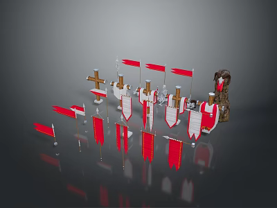 Red Flags Cross Symbols And Shields With Decorative Statue For Home Decor 3d model