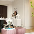 Modern Living Dining Room Interior With Grey Sofa Pink Cushions And Floor Lamp