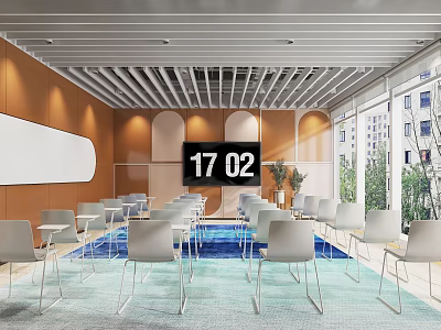 Modern Conference Room With Striped Ceiling Orange Walls Large Windows White Chairs Tables Digital Clock 3d model
