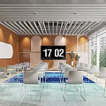 Modern Conference Room With Striped Ceiling Orange Walls Large Windows White Chairs Tables Digital Clock