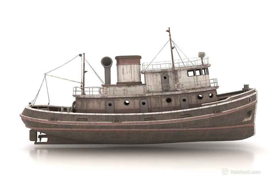 Vintage Steamship With Weathered Metal Hull Deck Chimney Railings And Windows 3d model 