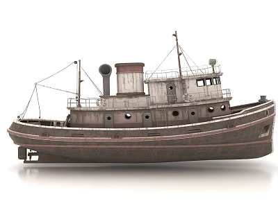 Vintage Steamship With Weathered Metal Hull Deck Chimney Railings And Windows 3d model
