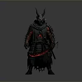 A Man In Traditional Samurai Armor With Horned Helmet Holding Red Glowing Blade