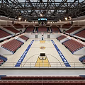 Modern Indoor Basketball Arena With Red Seats Basketball Court And Ceiling Lighting