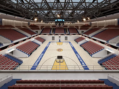 Modern Indoor Basketball Arena With Red Seats Basketball Court And Ceiling Lighting 3d model