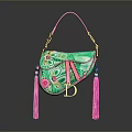 Vibrant Green Handbag With Decorative Floral Patterns Pink Handle And Tassels