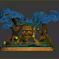 Enchanting Natural Scene With Blue Trees Tree House And Green Ground