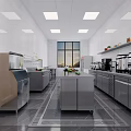 Commercial Kitchen Interior With Stainless Steel Cabinets Worktables Appliances And Large Window