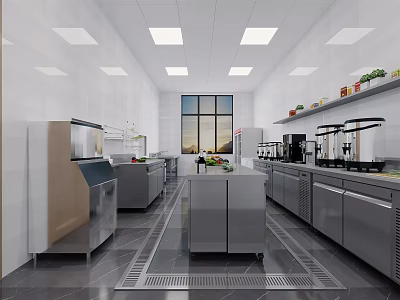 Commercial Kitchen Interior With Stainless Steel Cabinets Worktables Appliances And Large Window 3d model