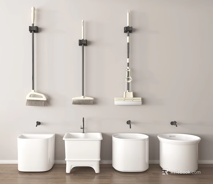 Wall Mounted Cleaning Tools With Four White Mop Sinks In Cleaning Area 3d model 