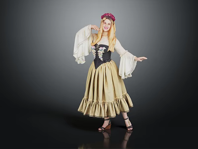 Woman Wearing Black Bodice And Beige Flowy Skirt Posing With Flower Crown Against Dark Background 3d model