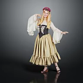Woman Wearing Black Bodice And Beige Flowy Skirt Posing With Flower Crown Against Dark Background