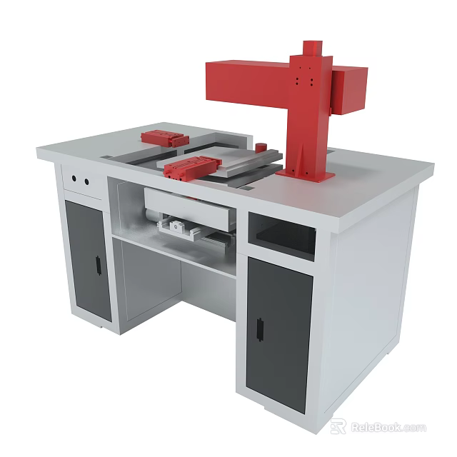 Industrial White Workbench With Red Mechanical Structure And Storage Cabinets 3d model 