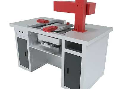 Industrial White Workbench With Red Mechanical Structure And Storage Cabinets 3d model